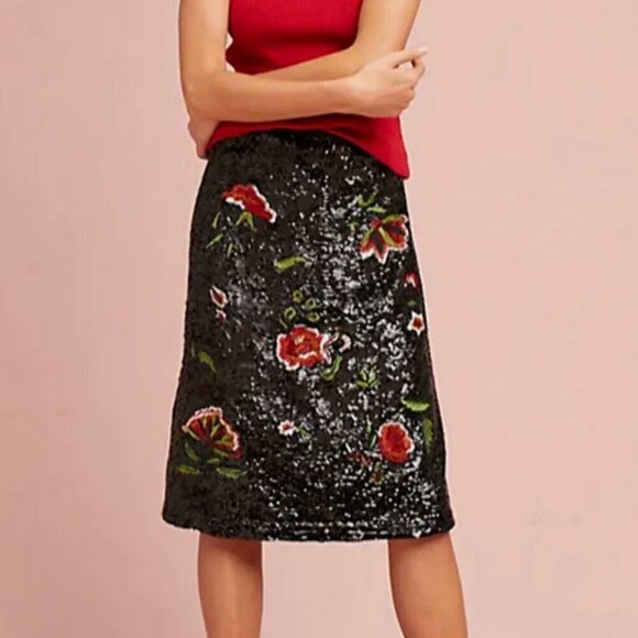 Anthropologie Skirt 2 Black Sequin A-Line Floral Sparkly Cocktail Knee Length - Picture 6 of 6